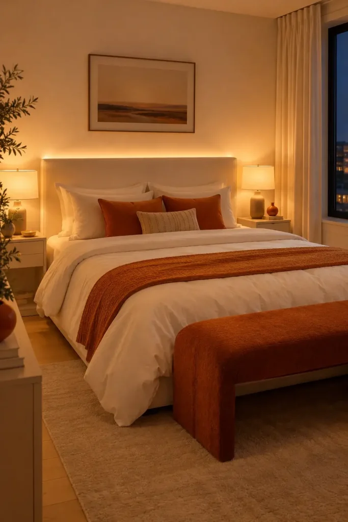 White and Orange Bedroom With Warm Lighting