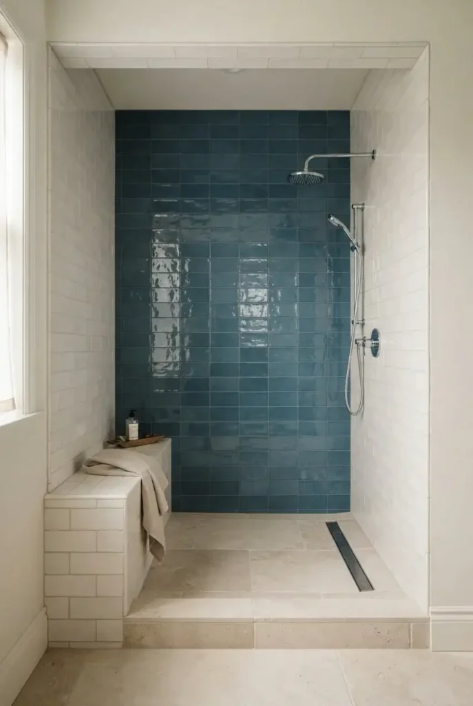 Blue and White Walk-In Shower