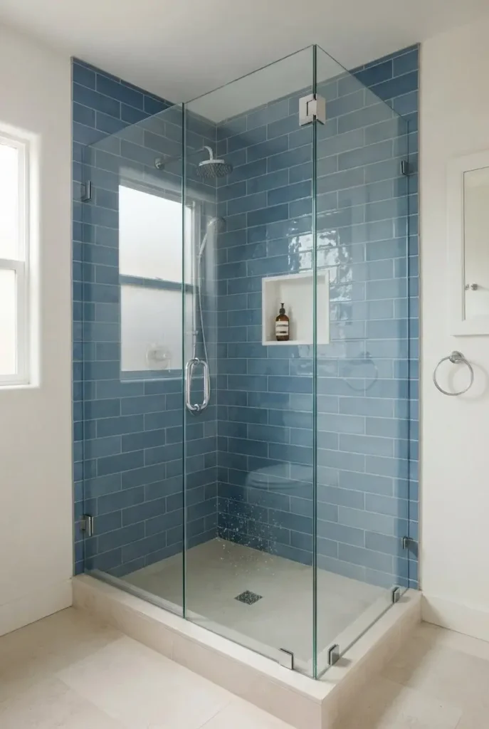 Blue Shower Tile With Glass Doors