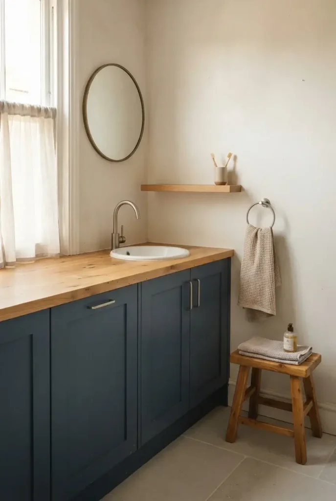 Blue and Wood for a Warmer Bathroom
