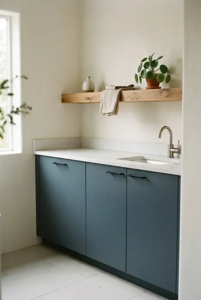 Blue Cabinetry With Natural Wood Accents