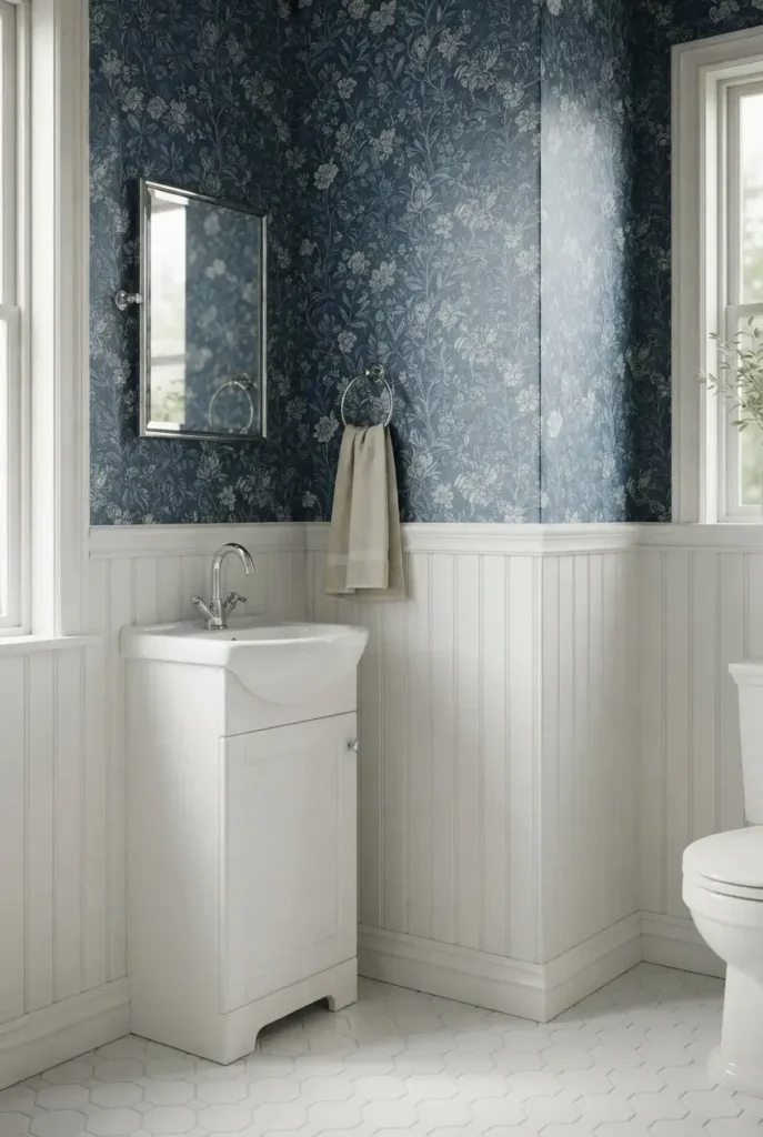 Blue Wallpaper With Painted Trim