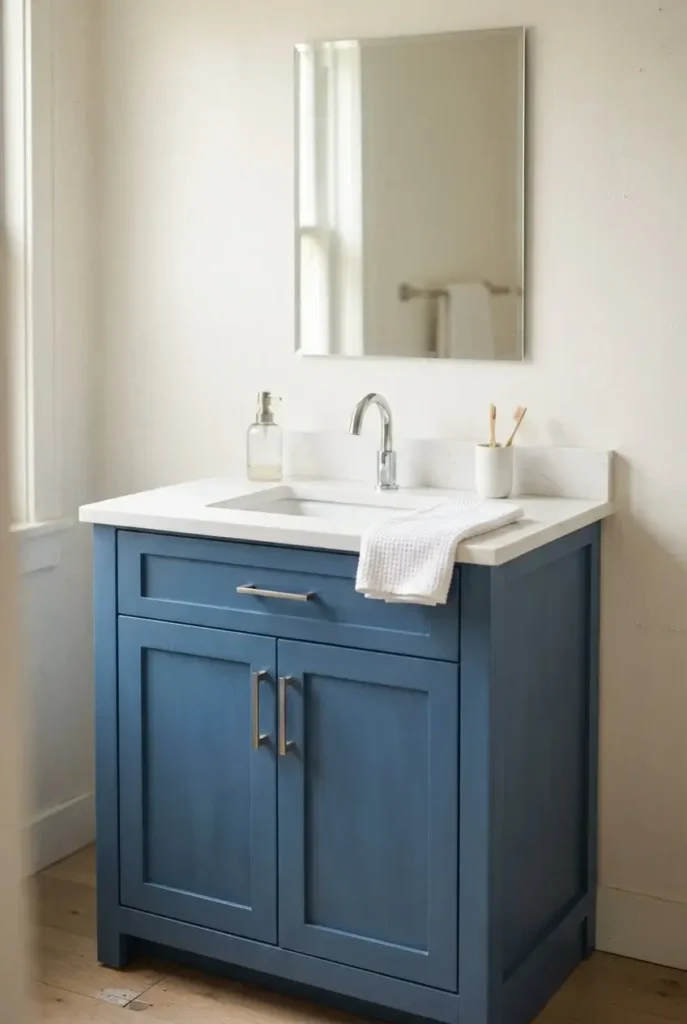 Blue Vanity With White Countertops
