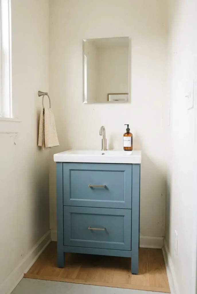 A Small Blue Vanity as the Main Accent