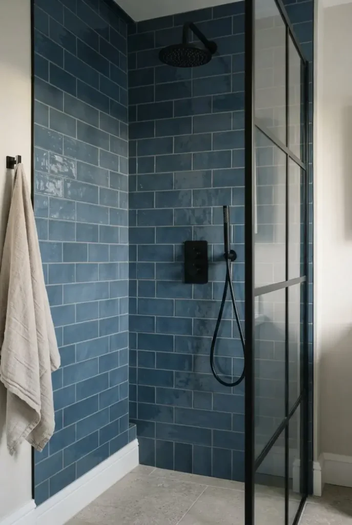 Blue Tiles With Sleek Black Fixtures
