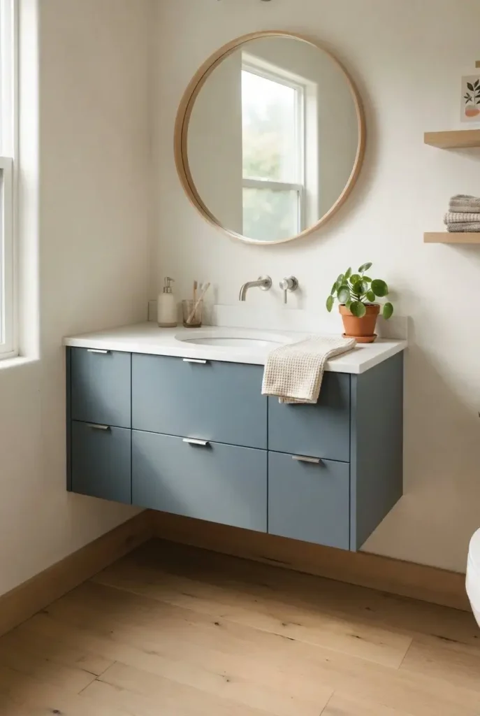 Blue Vanity With a Floating Design
