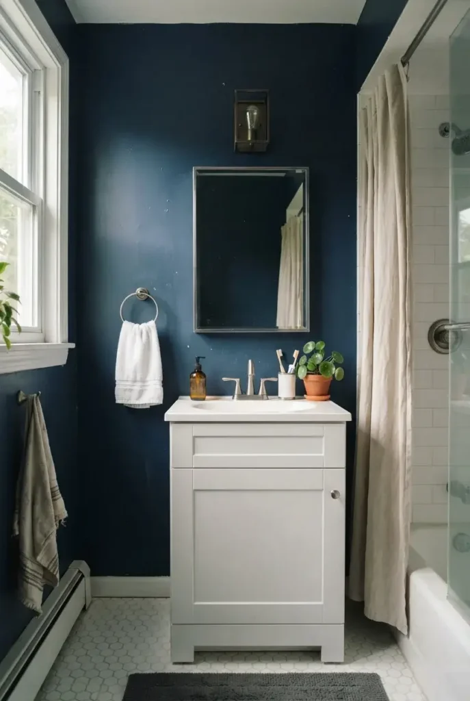 Deep Blue Walls With a Simple White Vanity